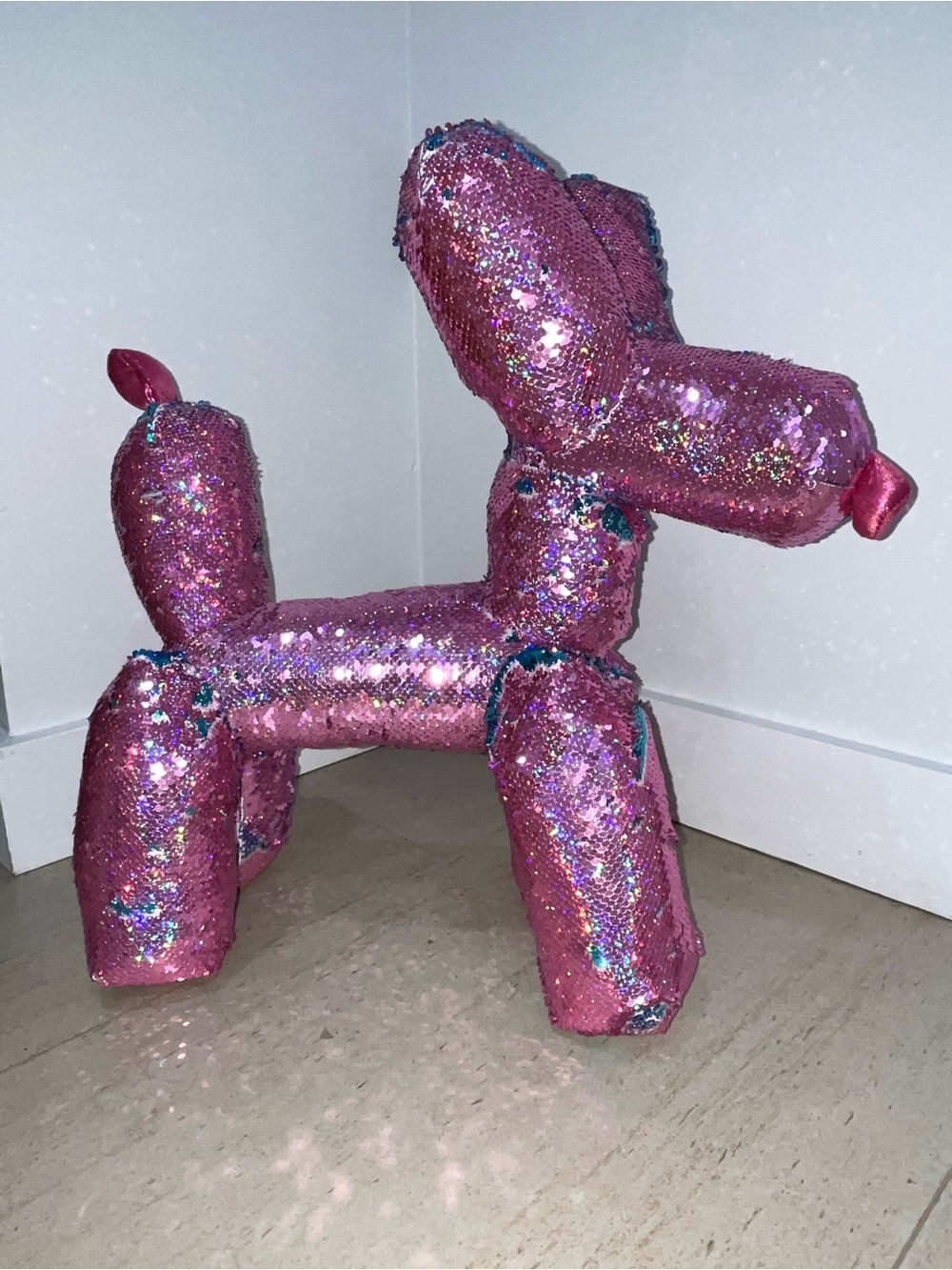 Vintage PLOOFS Sparkling Pink and Turquoise Sequin Balloon Dog Figurine RARE